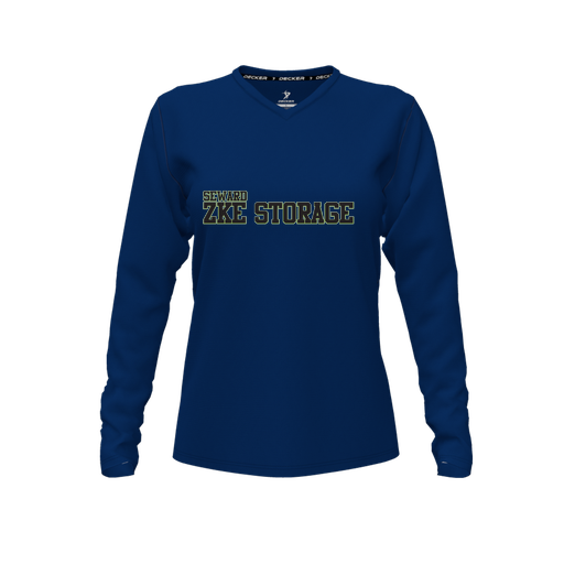 [CUS-DFW-TEES-CMF-VNK-LSL-NVY-FYXS-LOGO1] Comfort T-Shirt (Female Youth XS, Navy, V Neck, Logo 1, Long Sleeve)